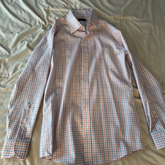 Men's Classic Checkered Dress Shirt - Light Blue and Peach - Picture 1 of 4